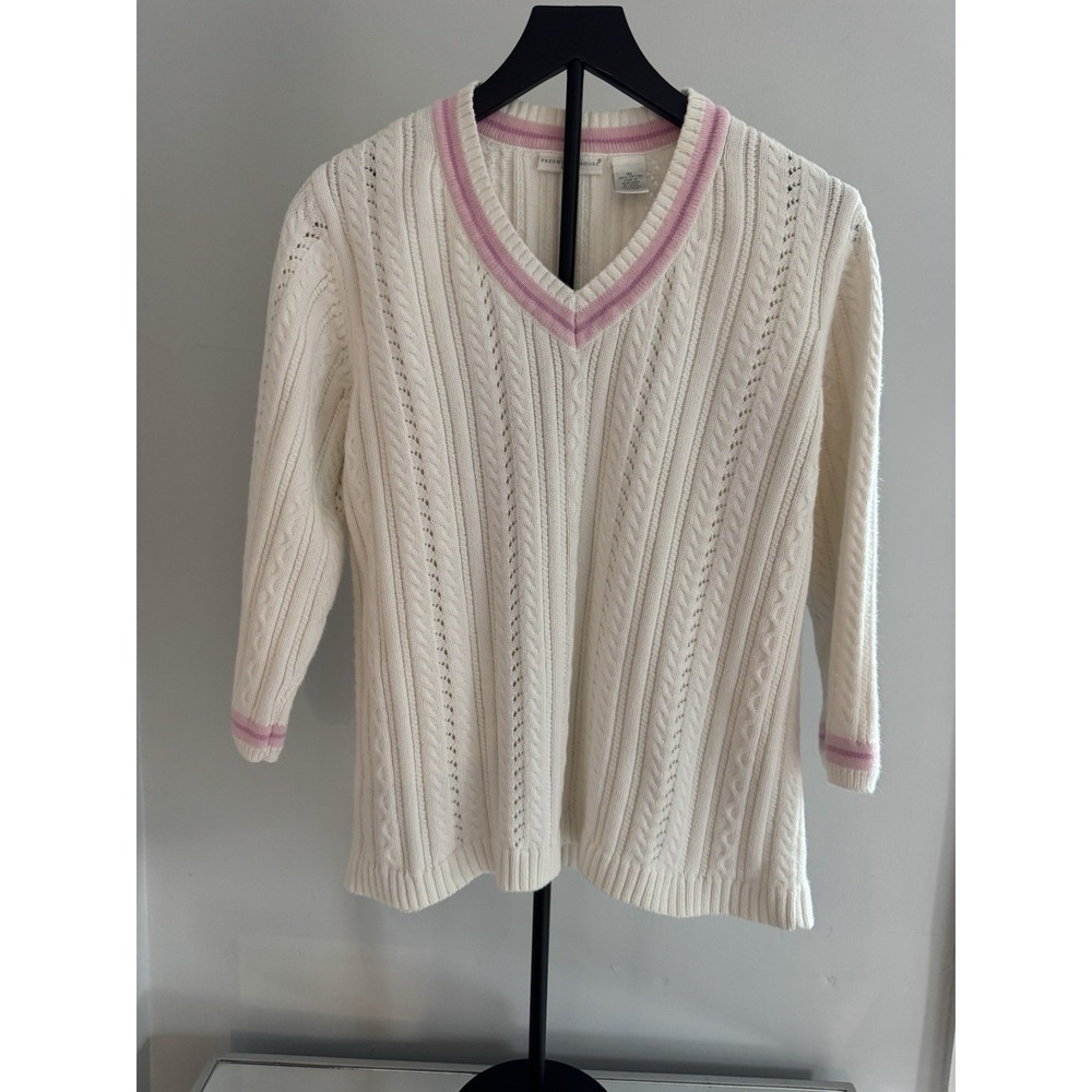 Preswick & Moore Sport Cable Knit‎ V-Neck Sweater Cream Pink Sz XL Tennis Preppy